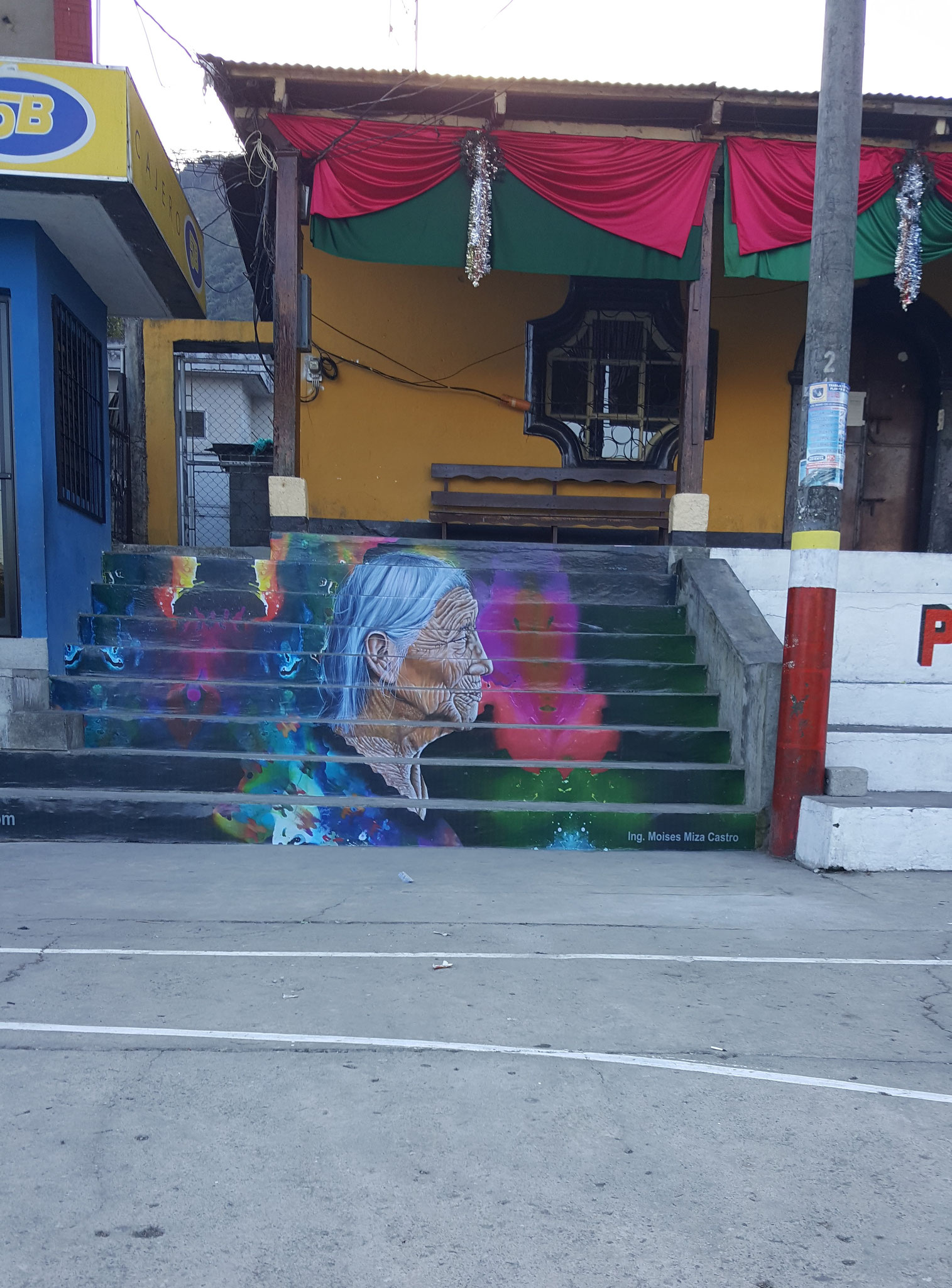 Painting by Gustavo Juárez on the staircases to the townhall of San Lucas Toliman, 2018